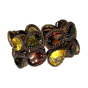 Yellow & Olive Crystal Stretch Statement Bangle Bracelet Bronze Tone Retro